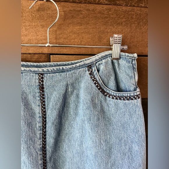 Vintage 90s Whipstitch Denim Midi Skirt Panel Stitch Detail Side Slit L - Picture 14 of 15
